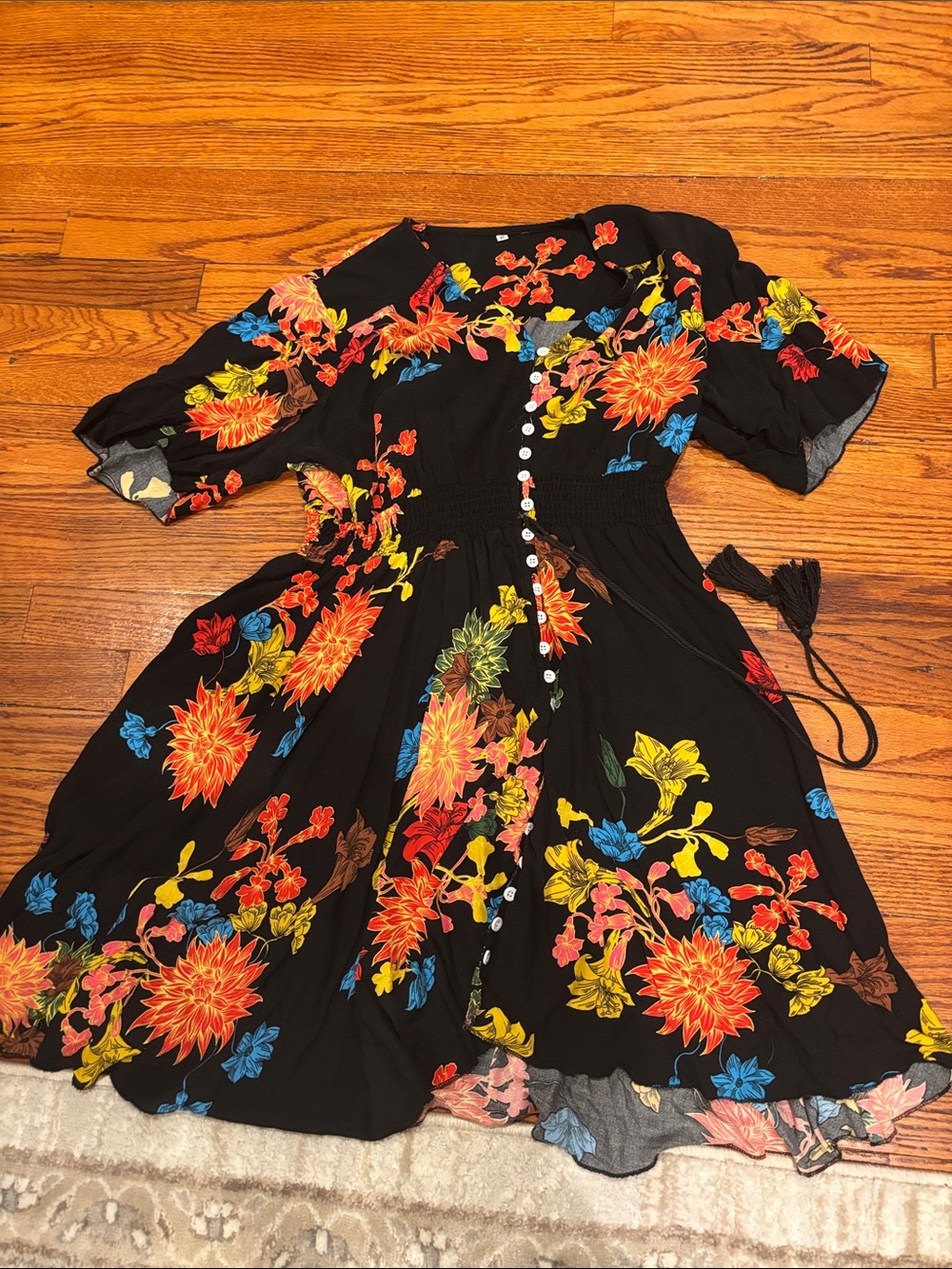 Black Floral Button-Front Women's Dress
